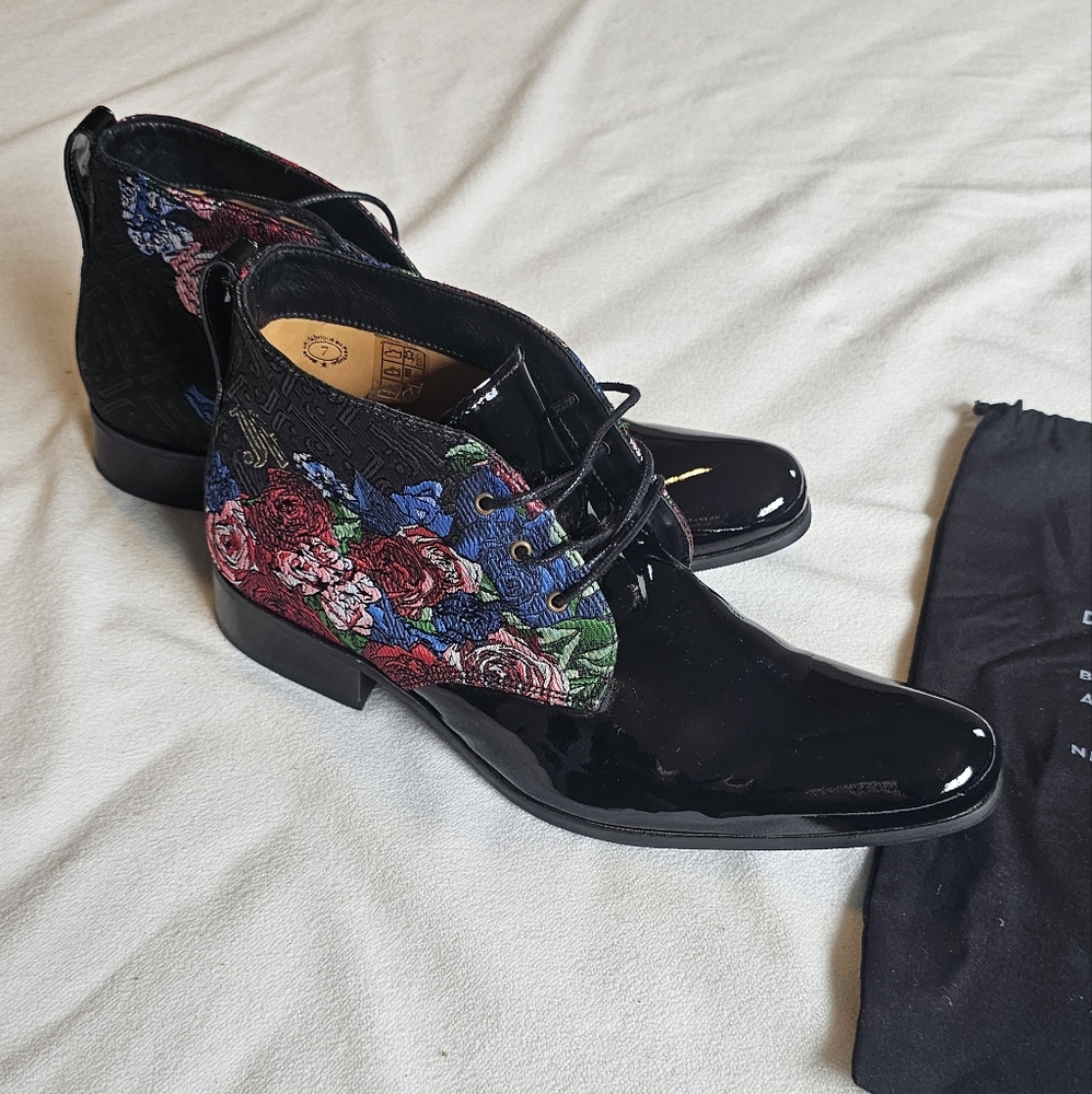 John Fluevog Black and Floral Chukka Boots